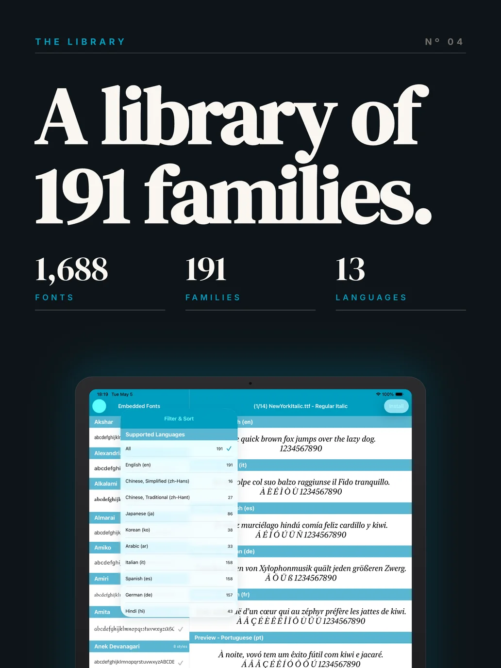 The full Font library: 191 families across categories