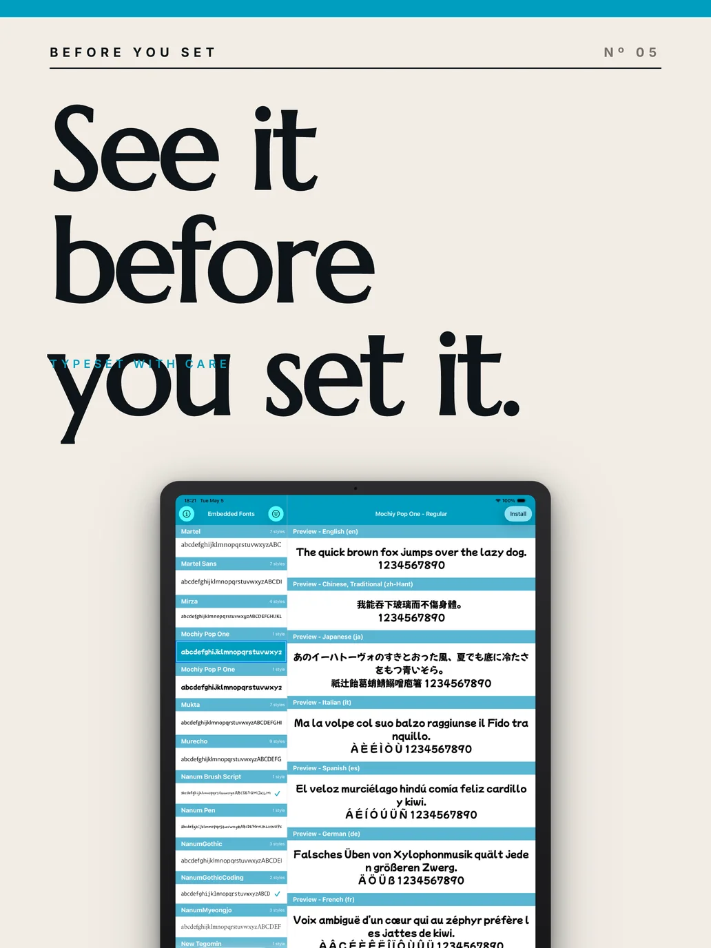 Per-family live preview rendered in your own text