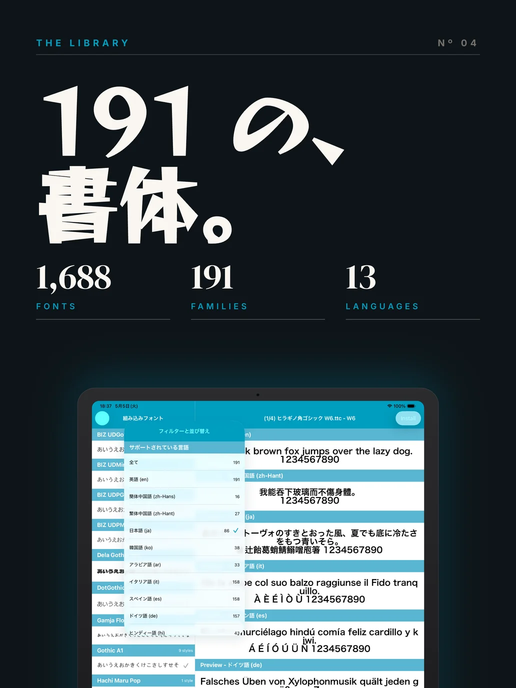 フォントライブラリ全景: 191 ファミリーをカテゴリで整理